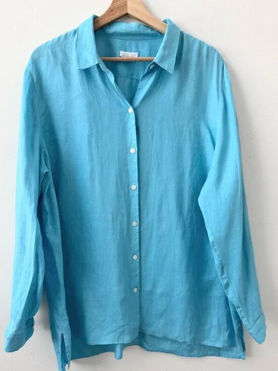 J Jill 100% Linen Button Down Shirt Blue Long Sleeve Casual XL - Picture 2 of 9